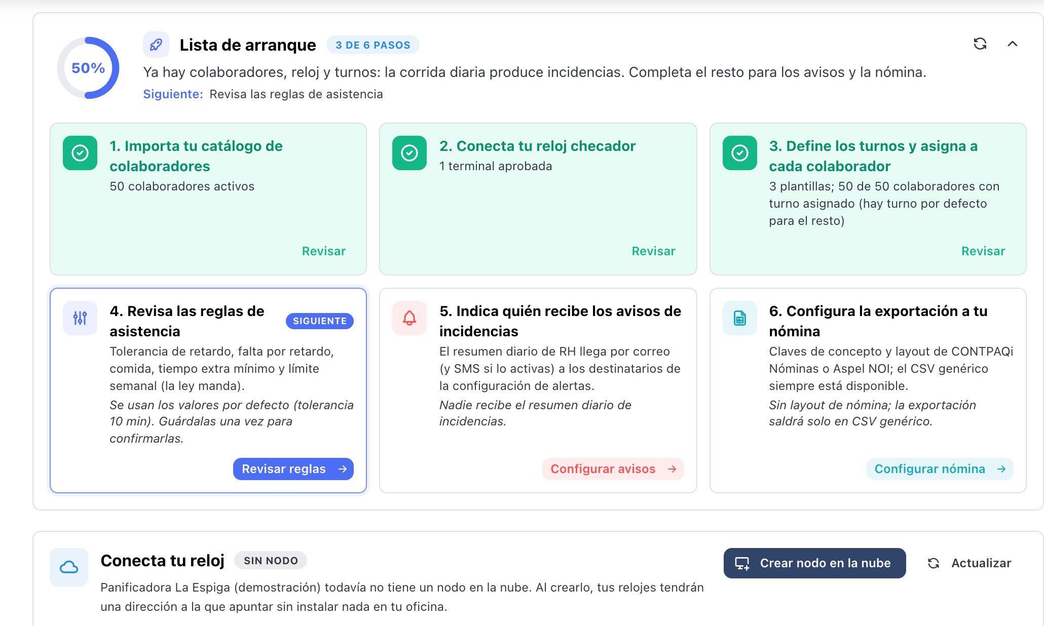Lista de arranque de Jornada con seis pasos: catálogo, reloj, turnos, reglas, avisos y nómina
